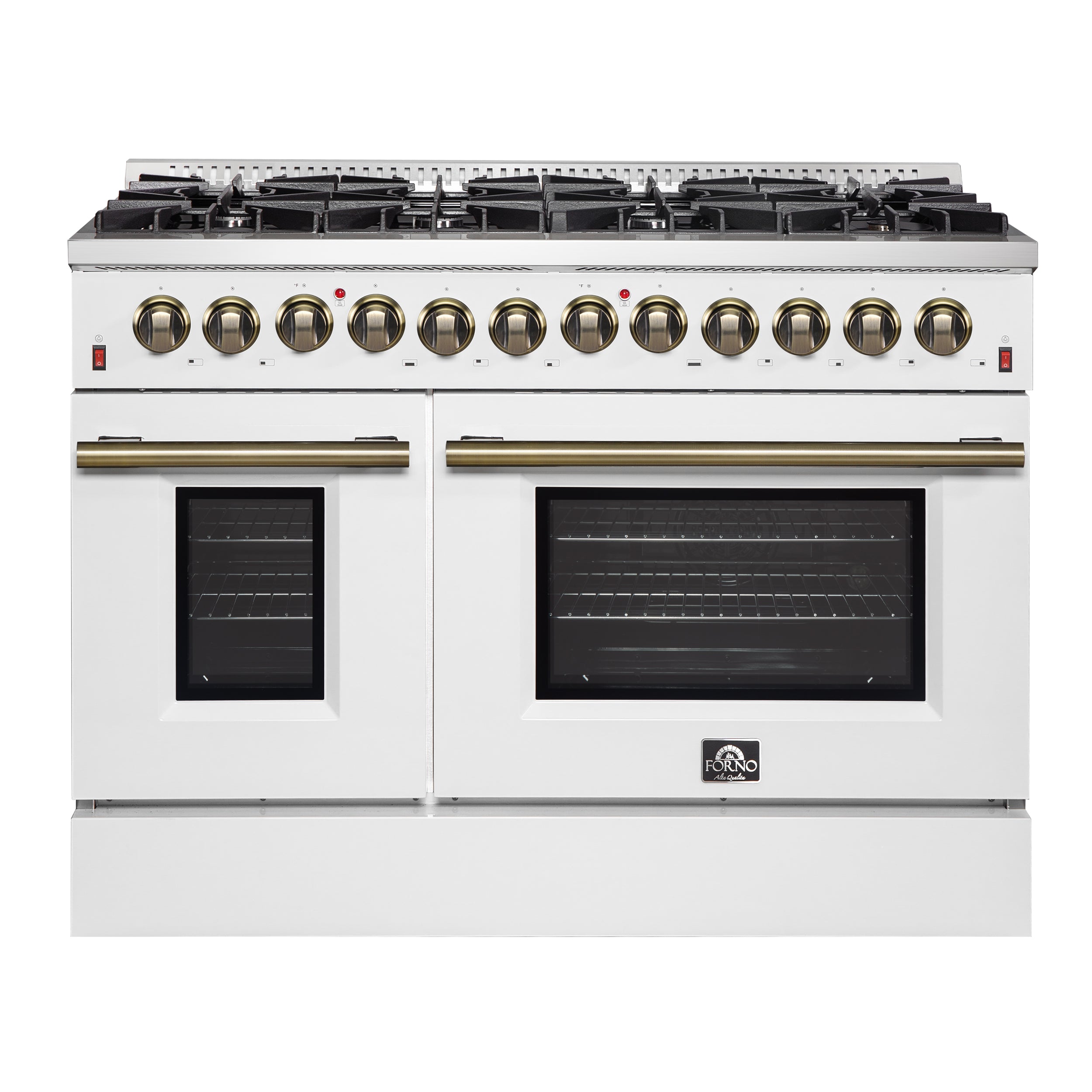 Galiano 48-inch Dual Fuel Range White & Antique Brass Design with 8 Sealed Burners 107,000 BTU, 6.58 cu. ft. double ovens & Griddle - BonPrix Électroménagers