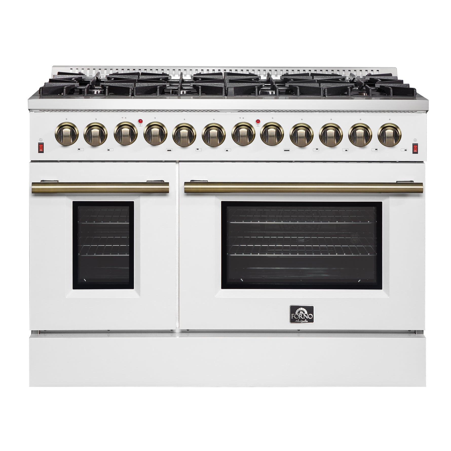 Galiano 48-inch Dual Fuel Range White & Antique Brass Design with 8 Sealed Burners 107,000 BTU, 6.58 cu. ft. double ovens & Griddle - BonPrix Électroménagers
