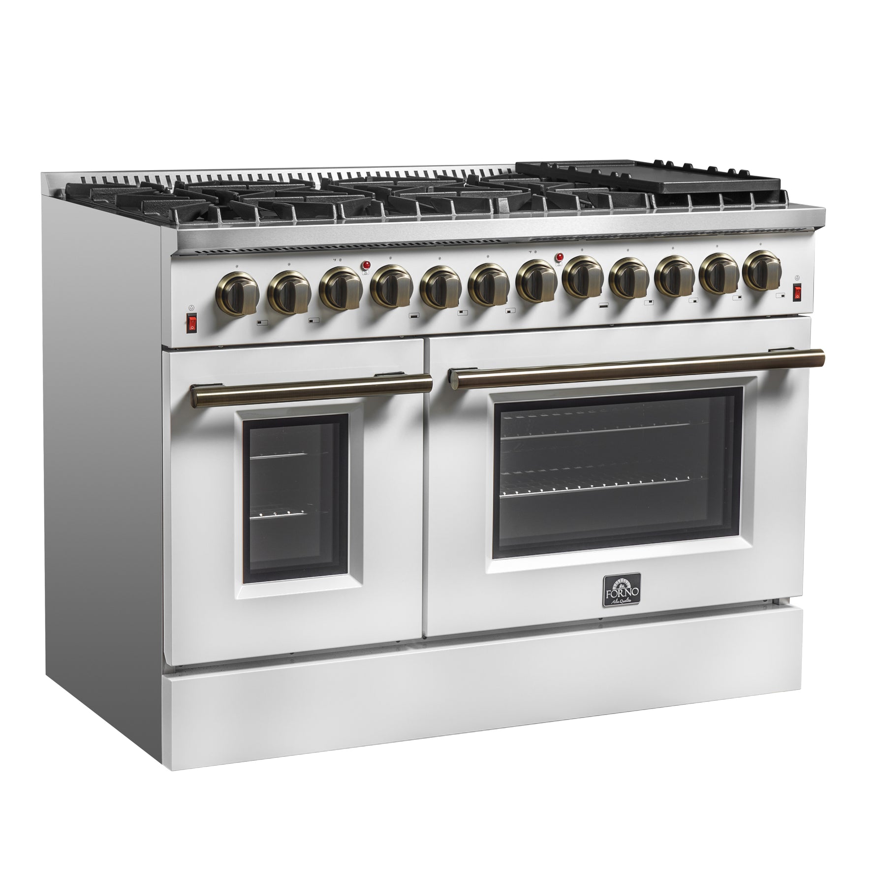 Galiano 48-inch Dual Fuel Range White & Antique Brass Design with 8 Sealed Burners 107,000 BTU, 6.58 cu. ft. double ovens & Griddle - BonPrix Électroménagers