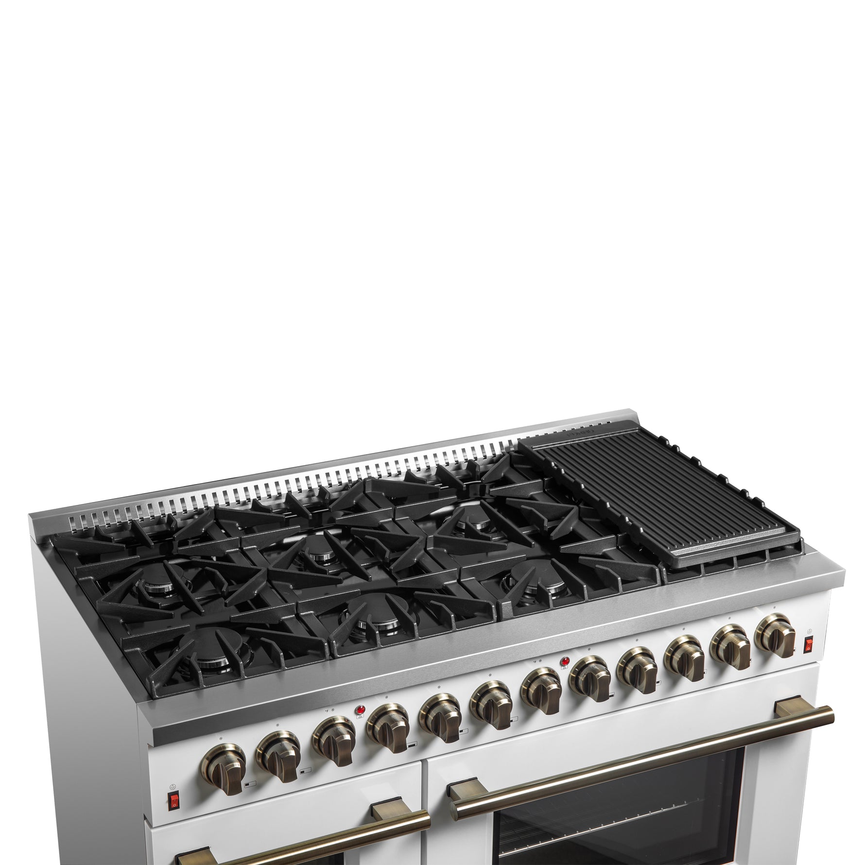 Galiano 48-inch Dual Fuel Range White & Antique Brass Design with 8 Sealed Burners 107,000 BTU, 6.58 cu. ft. double ovens & Griddle - BonPrix Électroménagers