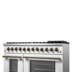 Galiano 48-inch Dual Fuel Range White & Antique Brass Design with 8 Sealed Burners 107,000 BTU, 6.58 cu. ft. double ovens & Griddle - BonPrix Électroménagers