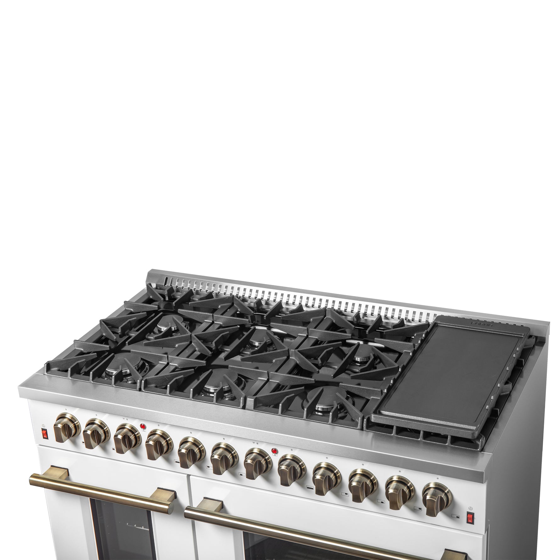 Galiano 48-inch Dual Fuel Range White & Antique Brass Design with 8 Sealed Burners 107,000 BTU, 6.58 cu. ft. double ovens & Griddle - BonPrix Électroménagers