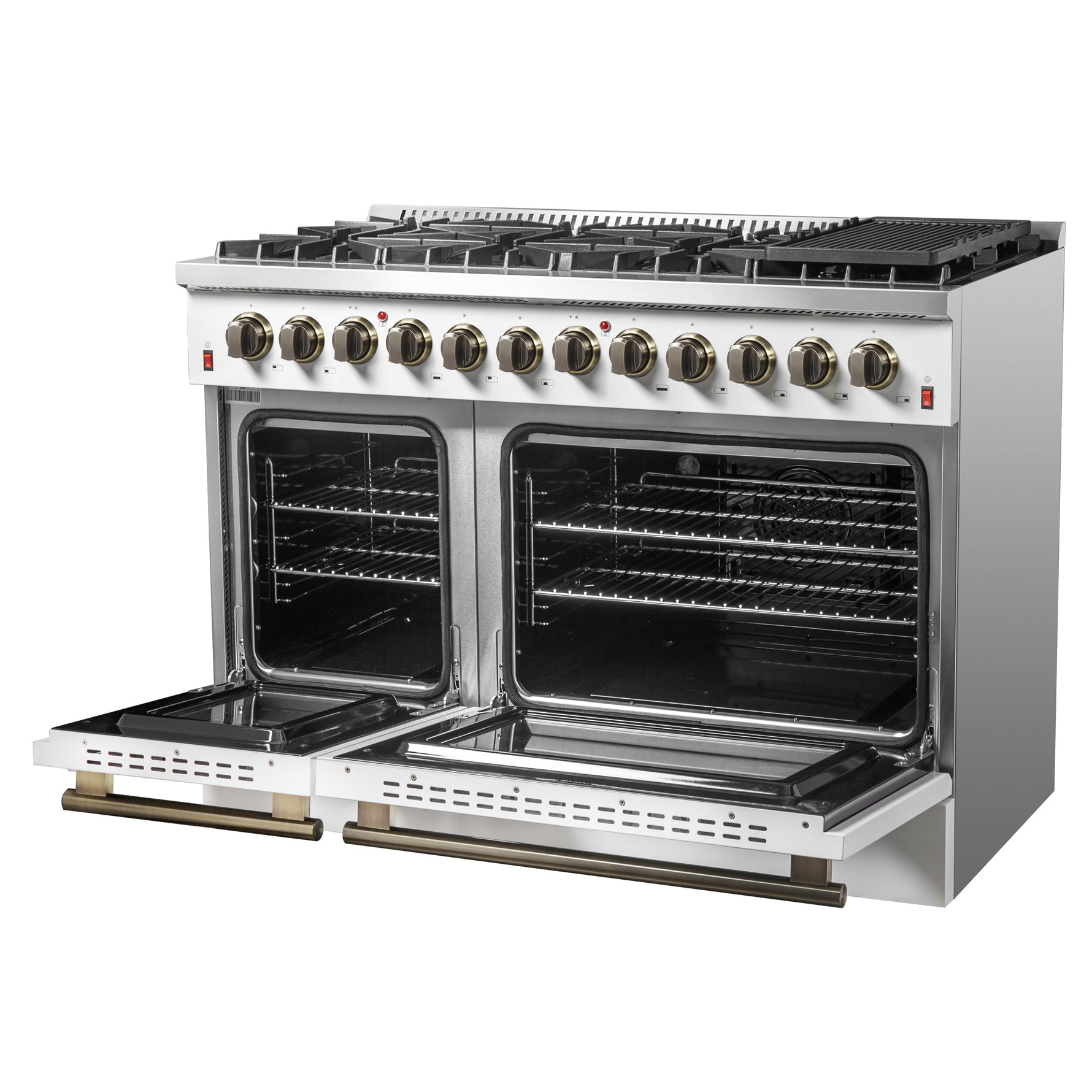 Galiano 48-inch Dual Fuel Range White & Antique Brass Design with 8 Sealed Burners 107,000 BTU, 6.58 cu. ft. double ovens & Griddle - BonPrix Électroménagers