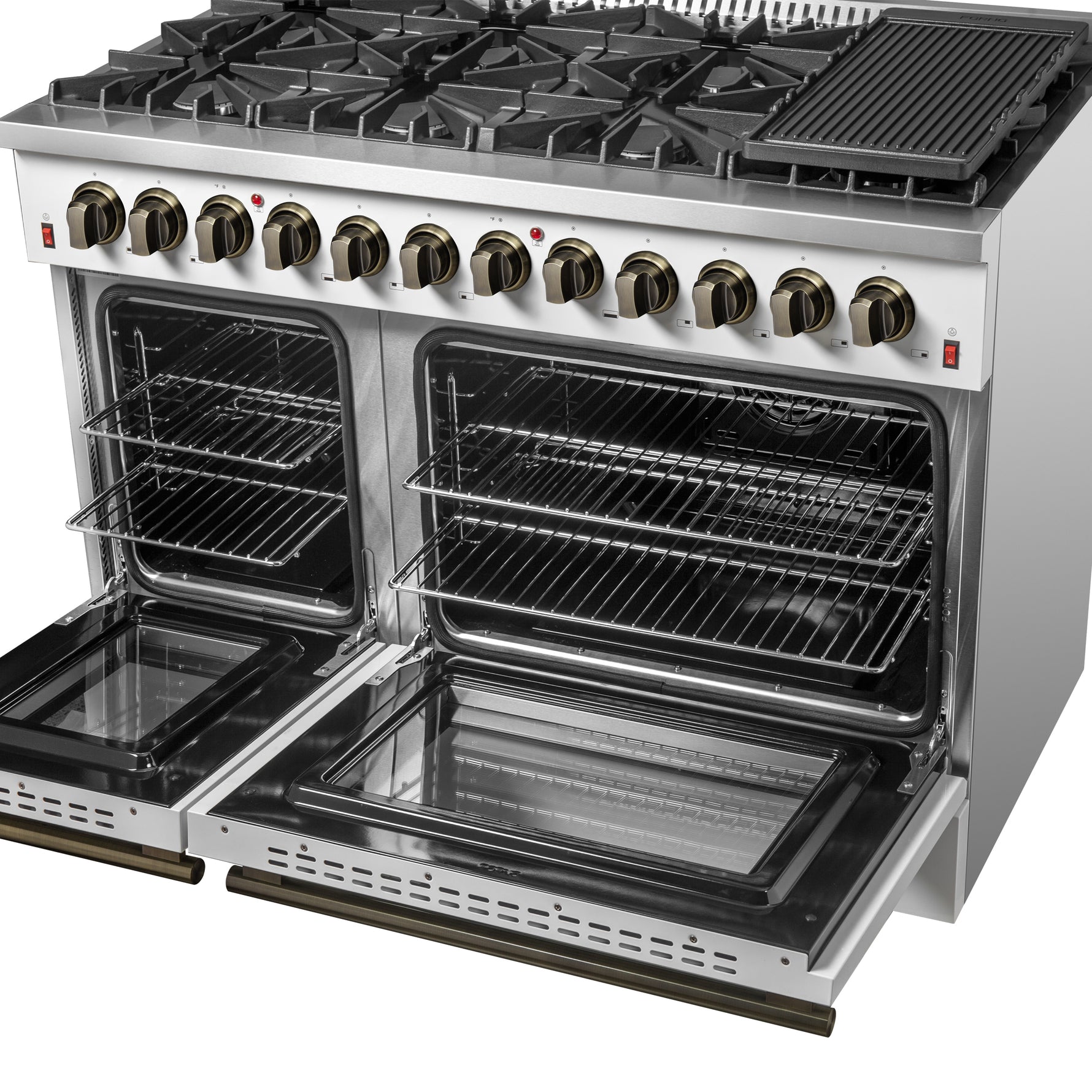 Galiano 48-inch Dual Fuel Range White & Antique Brass Design with 8 Sealed Burners 107,000 BTU, 6.58 cu. ft. double ovens & Griddle - BonPrix Électroménagers