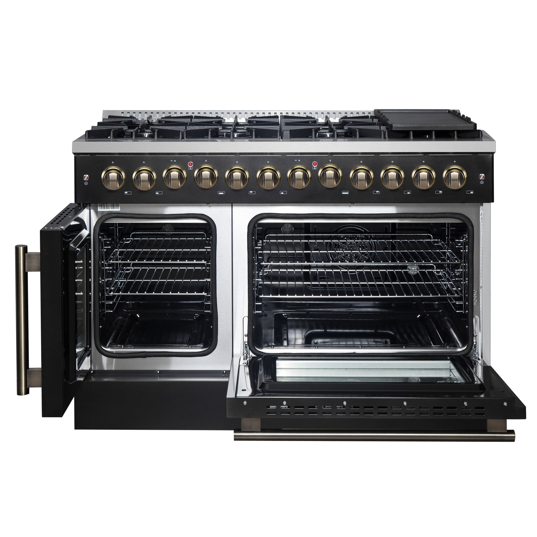 Forno Galiano 48-inch French Door Dual Fuel Range, Black & Antique Brass Design, 8 Sealed Burners - 107,000 BTU, Griddle, 6.58 cu.ft. Double Ovens - BonPrix Électroménagers