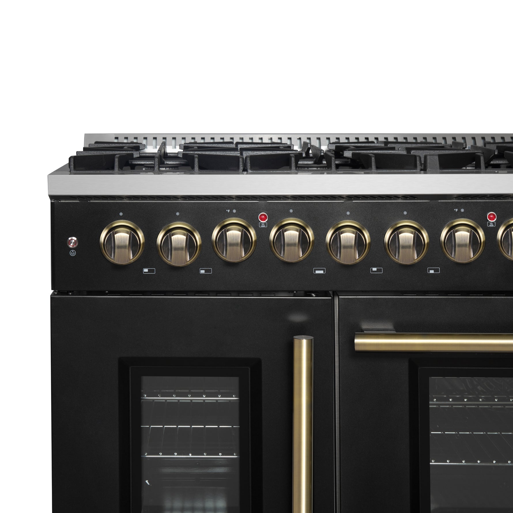 Forno Galiano 48-inch French Door Dual Fuel Range, Black & Antique Brass Design, 8 Sealed Burners - 107,000 BTU, Griddle, 6.58 cu.ft. Double Ovens - BonPrix Électroménagers