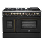Forno Galiano 48-inch French Door Dual Fuel Range, Black & Antique Brass Design, 8 Sealed Burners - 107,000 BTU, Griddle, 6.58 cu.ft. Double Ovens - BonPrix Électroménagers