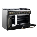 Forno Galiano 48-inch French Door Dual Fuel Range, Black & Antique Brass Design, 8 Sealed Burners - 107,000 BTU, Griddle, 6.58 cu.ft. Double Ovens - BonPrix Électroménagers