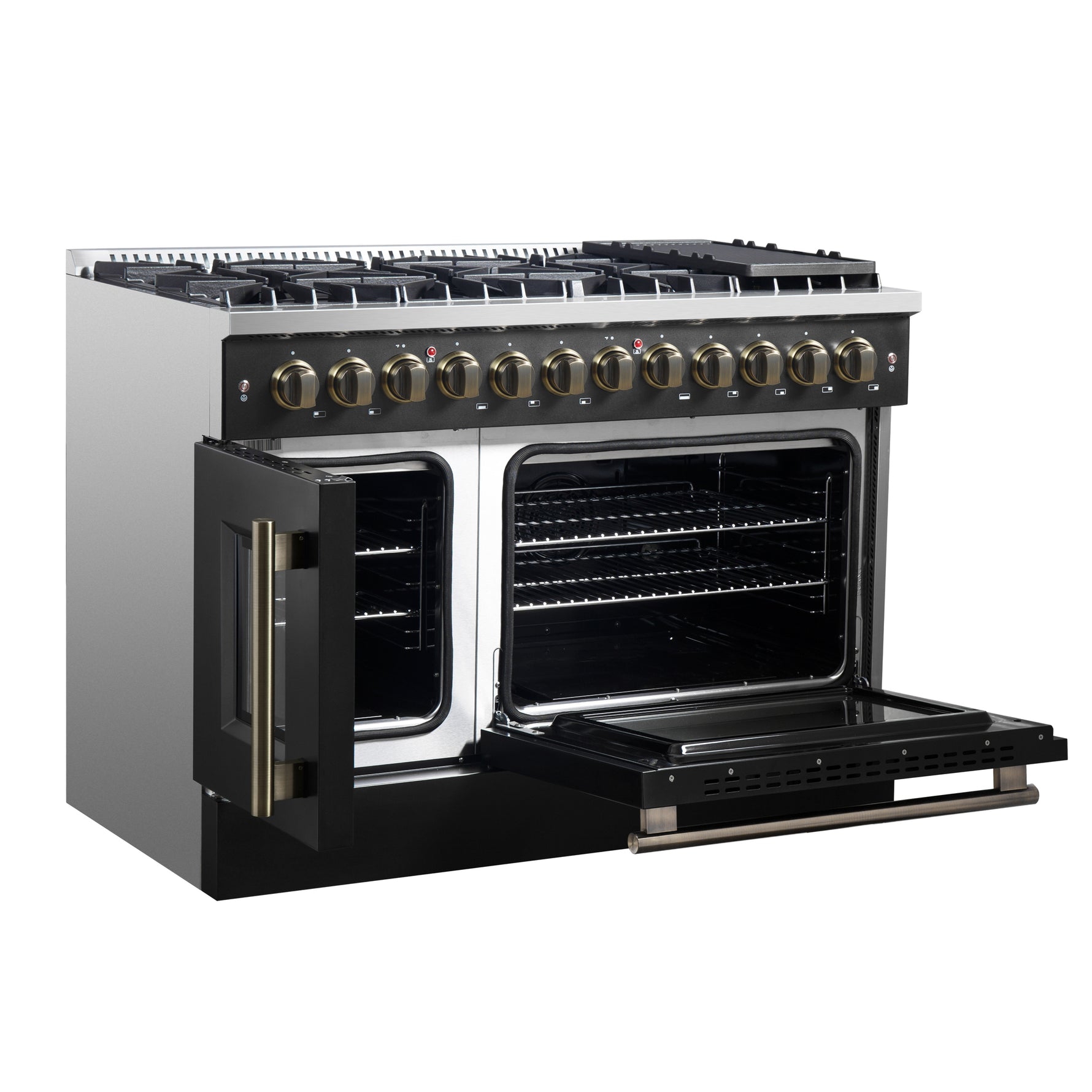 Forno Galiano 48-inch French Door Dual Fuel Range, Black & Antique Brass Design, 8 Sealed Burners - 107,000 BTU, Griddle, 6.58 cu.ft. Double Ovens - BonPrix Électroménagers