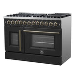 Forno Galiano 48-inch French Door Dual Fuel Range, Black & Antique Brass Design, 8 Sealed Burners - 107,000 BTU, Griddle, 6.58 cu.ft. Double Ovens - BonPrix Électroménagers