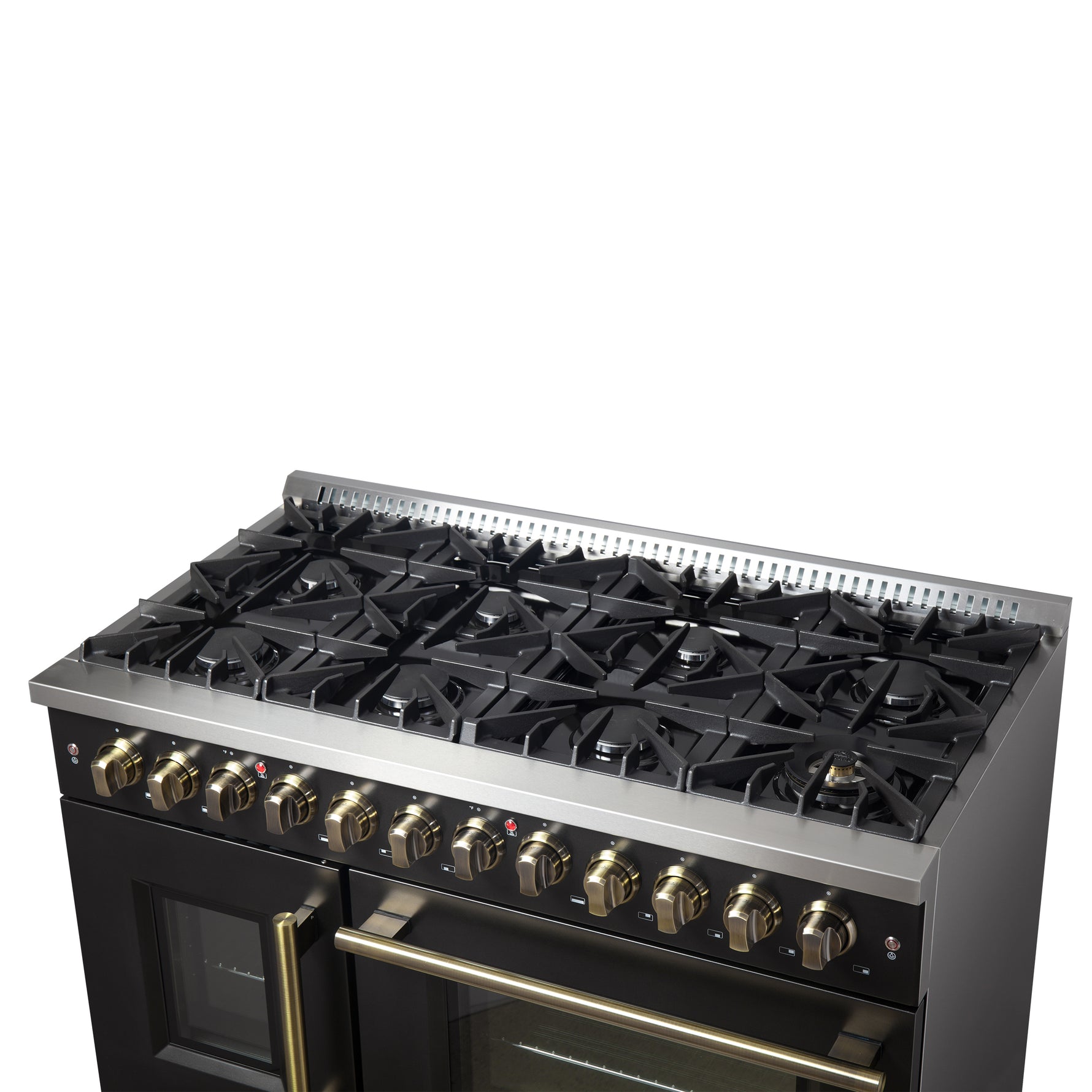 Forno Galiano 48-inch French Door Dual Fuel Range, Black & Antique Brass Design, 8 Sealed Burners - 107,000 BTU, Griddle, 6.58 cu.ft. Double Ovens - BonPrix Électroménagers