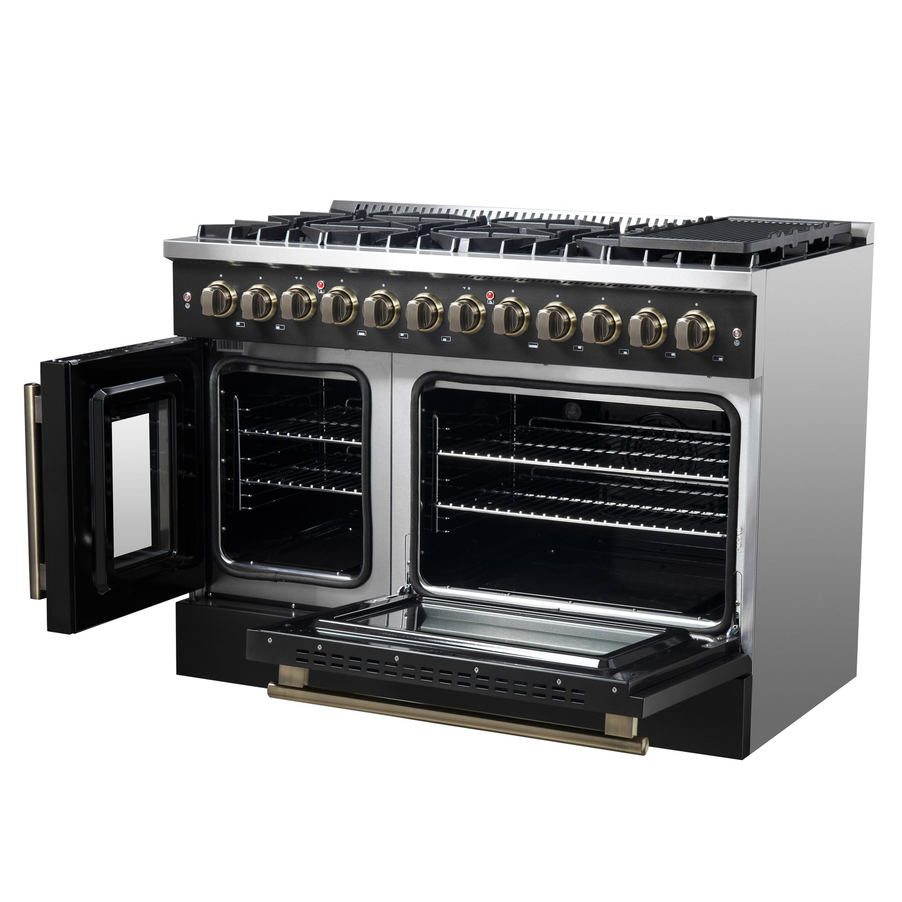 Forno Galiano 48-inch French Door Dual Fuel Range, Black & Antique Brass Design, 8 Sealed Burners - 107,000 BTU, Griddle, 6.58 cu.ft. Double Ovens - BonPrix Électroménagers