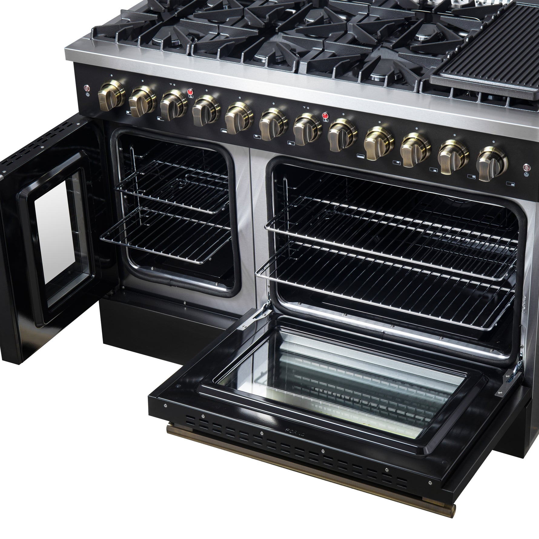 Forno Galiano 48-inch French Door Dual Fuel Range, Black & Antique Brass Design, 8 Sealed Burners - 107,000 BTU, Griddle, 6.58 cu.ft. Double Ovens - BonPrix Électroménagers
