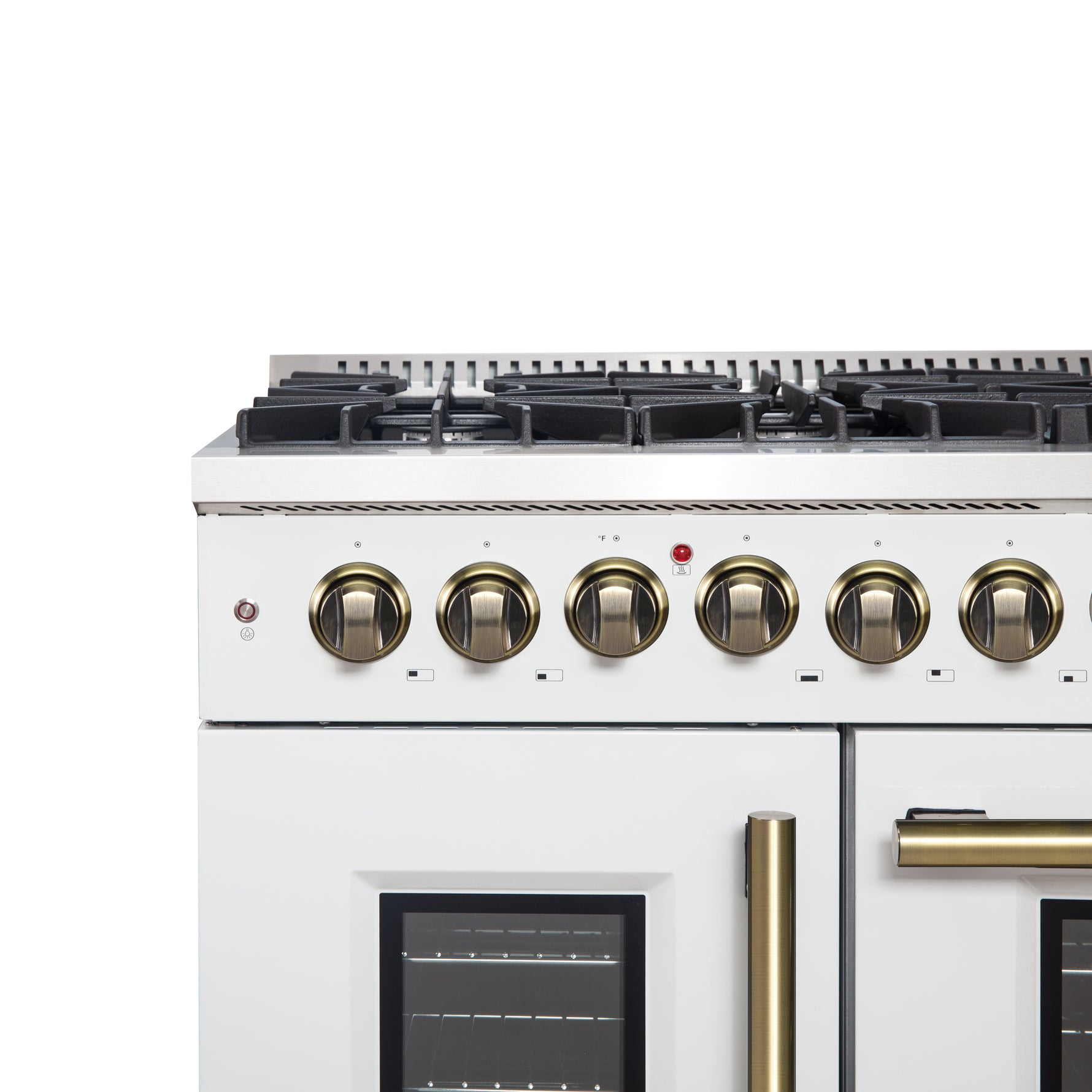 Forno Galiano 48-inch French Door Dual Fuel Range, White & Antique Brass Design, 8 Sealed Burners - 107,000 BTU, Griddle, 6.58 cu.ft. Double Ovens - BonPrix Électroménagers