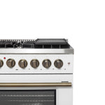 Forno Galiano 48-inch French Door Dual Fuel Range, White & Antique Brass Design, 8 Sealed Burners - 107,000 BTU, Griddle, 6.58 cu.ft. Double Ovens - BonPrix Électroménagers