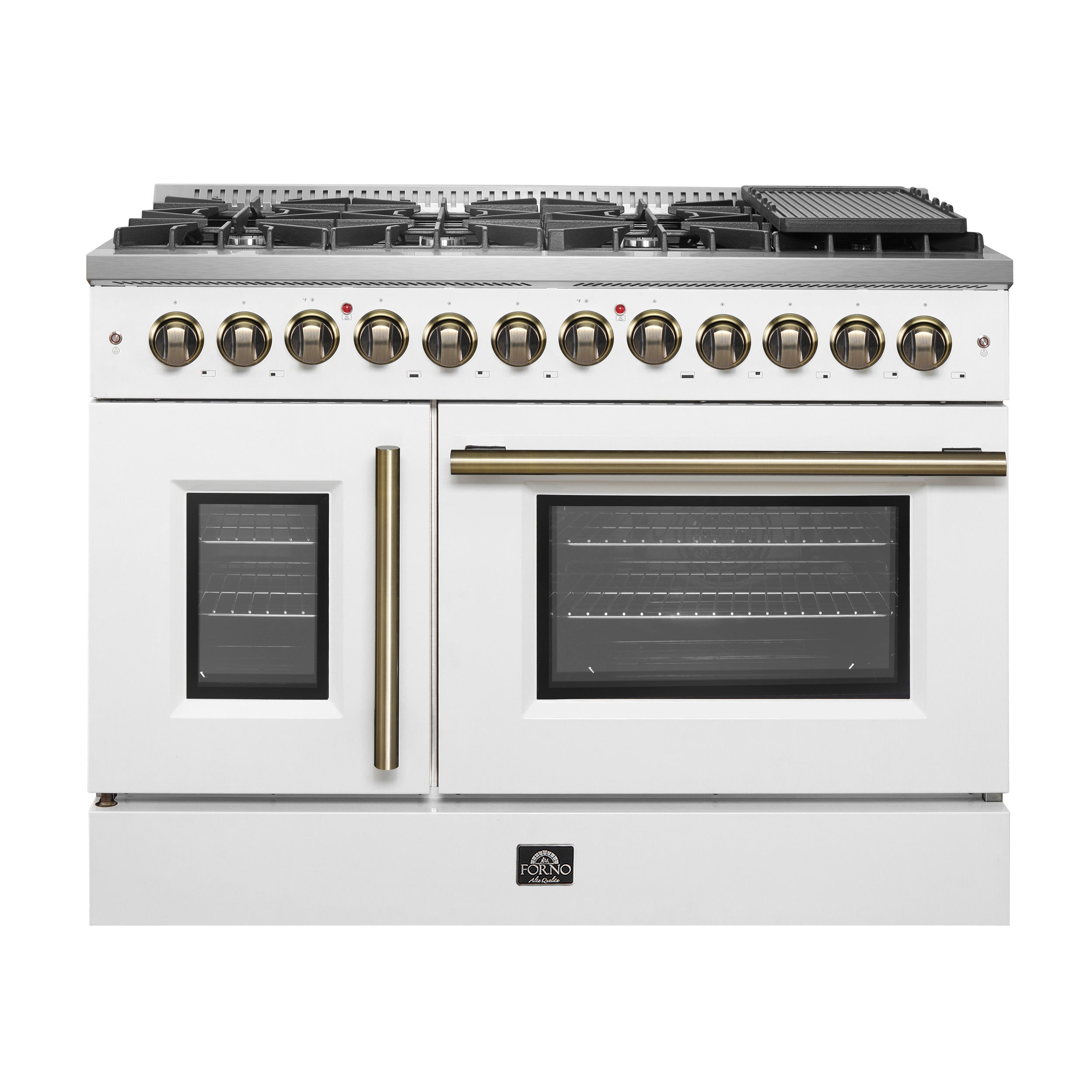 Forno Galiano 48-inch French Door Dual Fuel Range, White & Antique Brass Design, 8 Sealed Burners - 107,000 BTU, Griddle, 6.58 cu.ft. Double Ovens - BonPrix Électroménagers