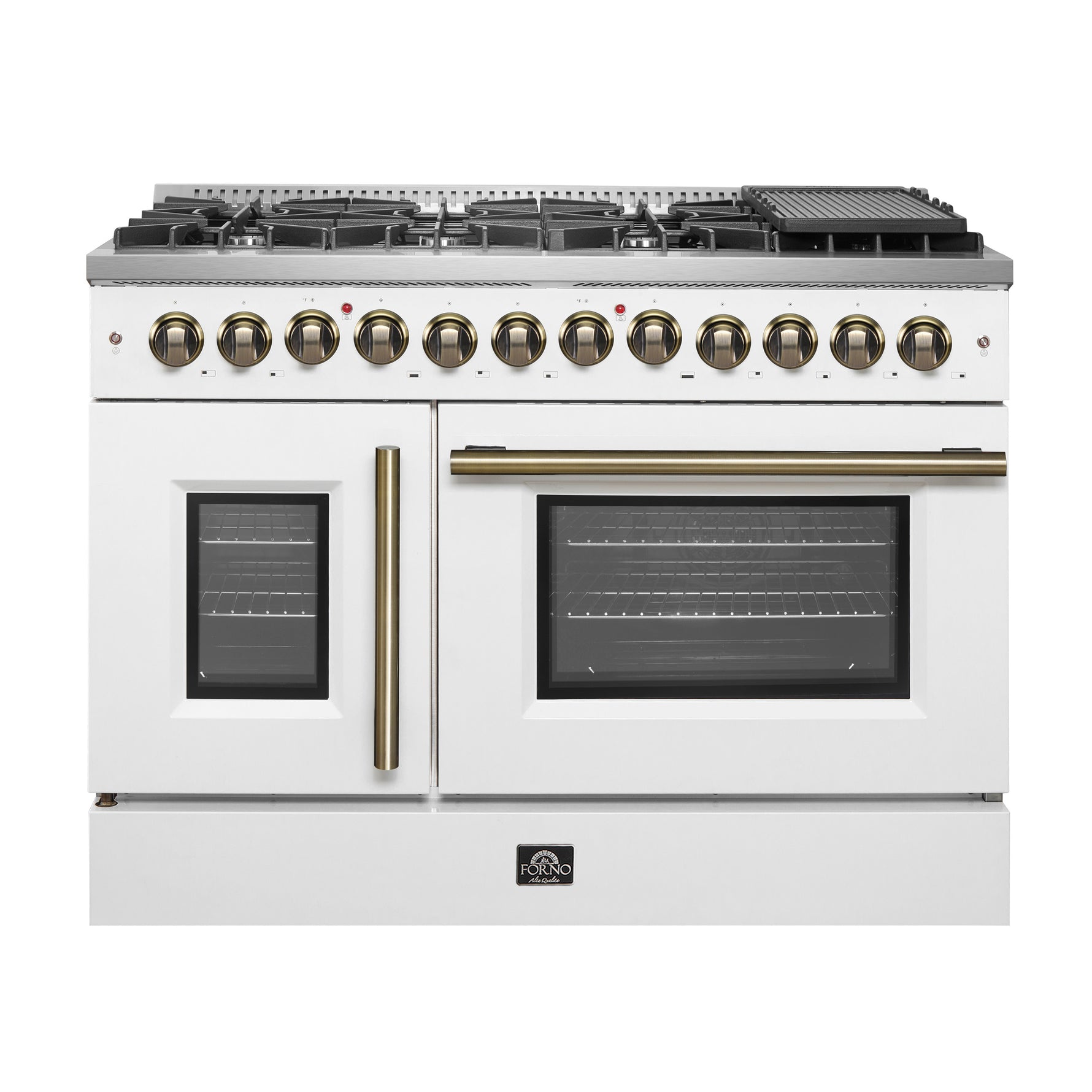 Forno Galiano 48-inch French Door Dual Fuel Range, White & Antique Brass Design, 8 Sealed Burners - 107,000 BTU, Griddle, 6.58 cu.ft. Double Ovens - BonPrix Électroménagers