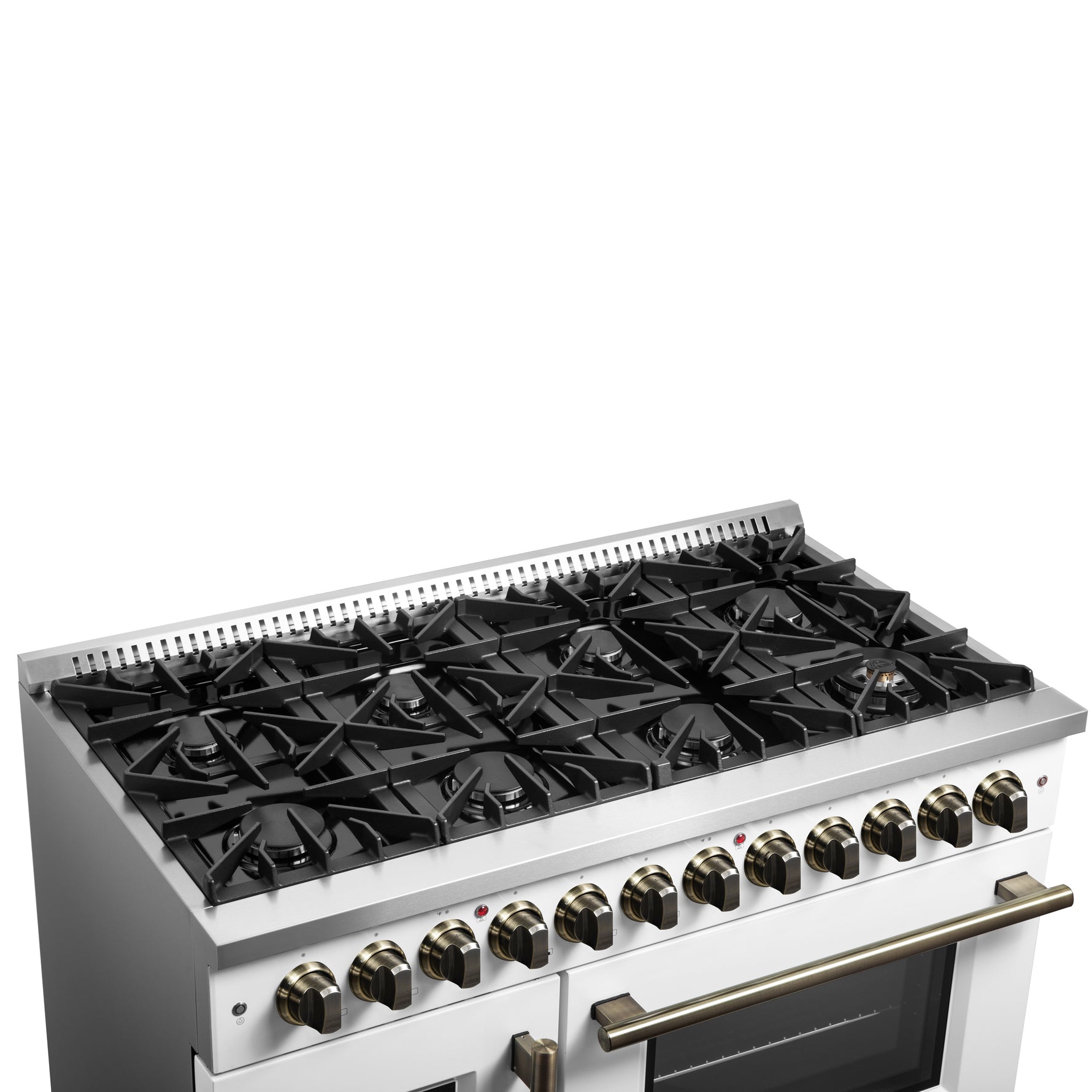 Forno Galiano 48-inch French Door Dual Fuel Range, White & Antique Brass Design, 8 Sealed Burners - 107,000 BTU, Griddle, 6.58 cu.ft. Double Ovens - BonPrix Électroménagers