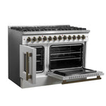 Forno Galiano 48-inch French Door Dual Fuel Range, White & Antique Brass Design, 8 Sealed Burners - 107,000 BTU, Griddle, 6.58 cu.ft. Double Ovens - BonPrix Électroménagers