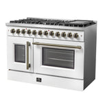 Forno Galiano 48-inch French Door Dual Fuel Range, White & Antique Brass Design, 8 Sealed Burners - 107,000 BTU, Griddle, 6.58 cu.ft. Double Ovens - BonPrix Électroménagers