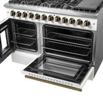 Forno Galiano 48-inch French Door Dual Fuel Range, White & Antique Brass Design, 8 Sealed Burners - 107,000 BTU, Griddle, 6.58 cu.ft. Double Ovens - BonPrix Électroménagers