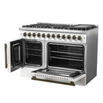 Forno Galiano 48-inch French Door Dual Fuel Range, White & Antique Brass Design, 8 Sealed Burners - 107,000 BTU, Griddle, 6.58 cu.ft. Double Ovens - BonPrix Électroménagers