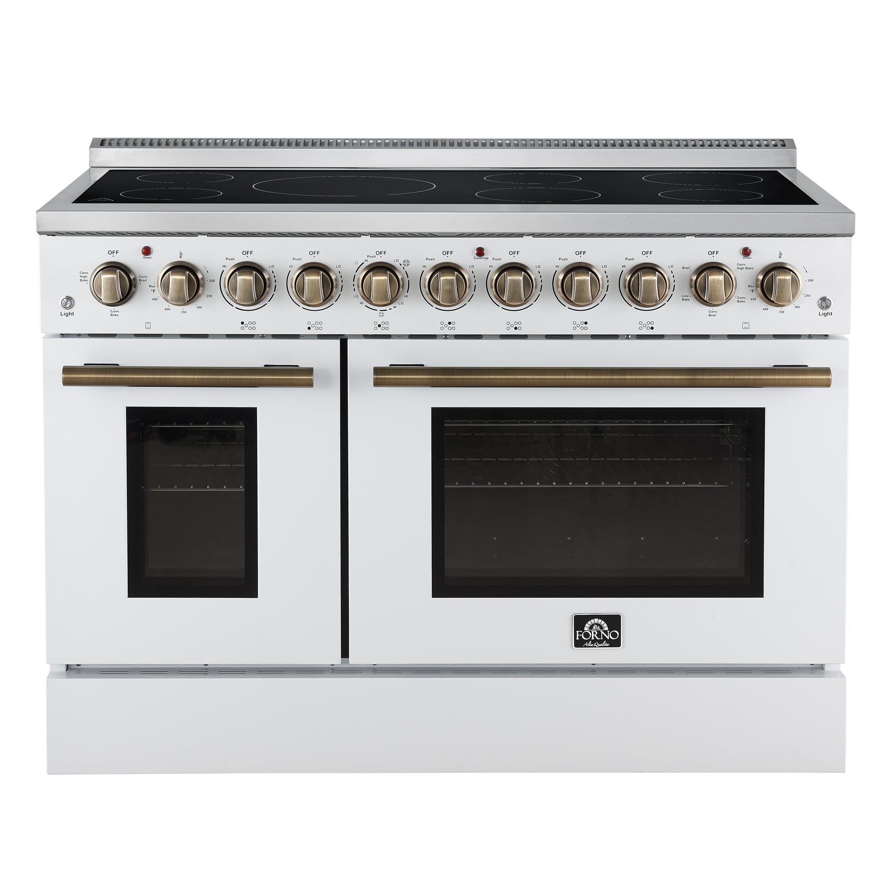 Forno Paolo 48 Inch Freestanding Electric Range in White with Antique Brass, 6.7 cu.ft, True Convection Oven, Energy Efficient - BonPrix Électroménagers