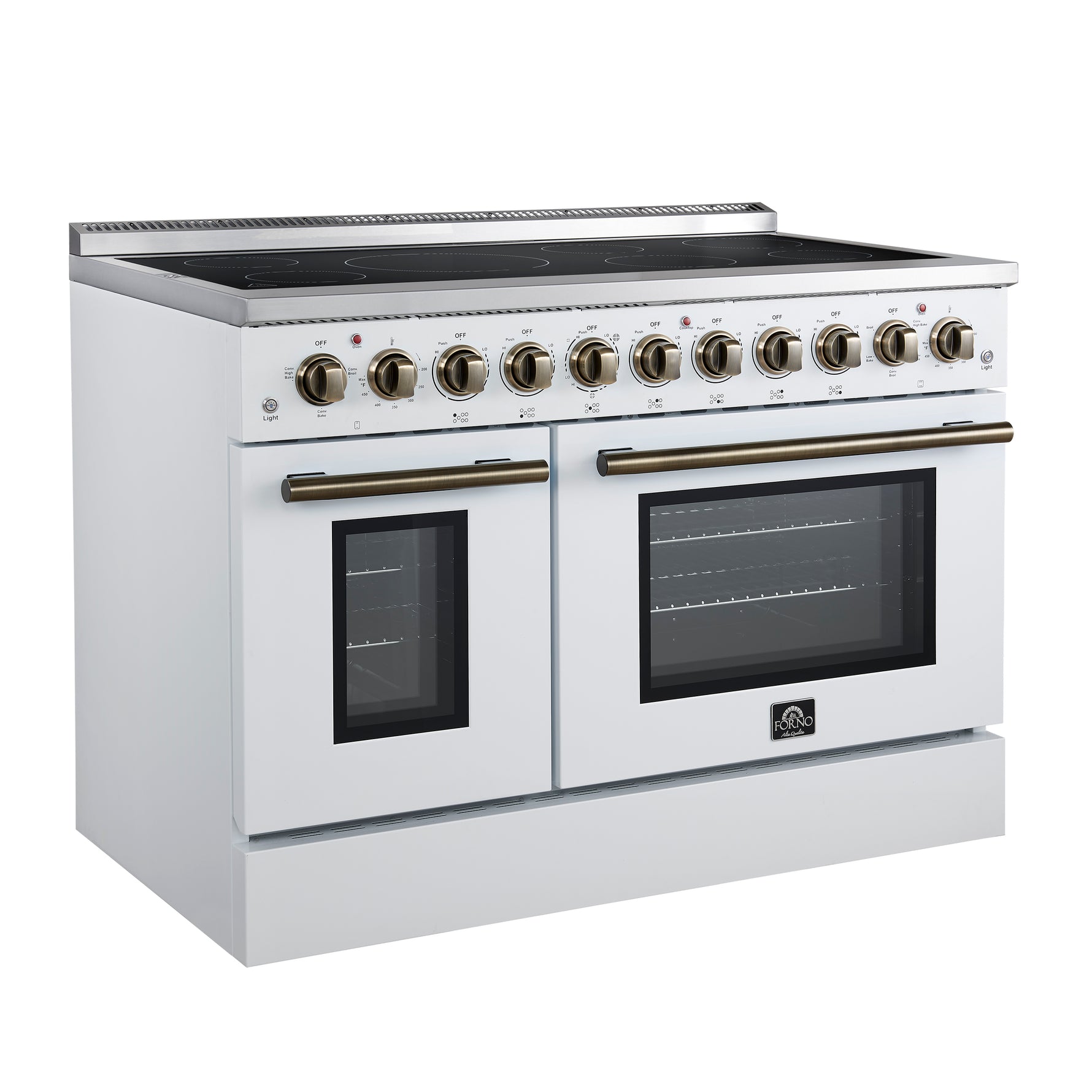 Forno Paolo 48 Inch Freestanding Electric Range in White with Antique Brass, 6.7 cu.ft, True Convection Oven, Energy Efficient - BonPrix Électroménagers