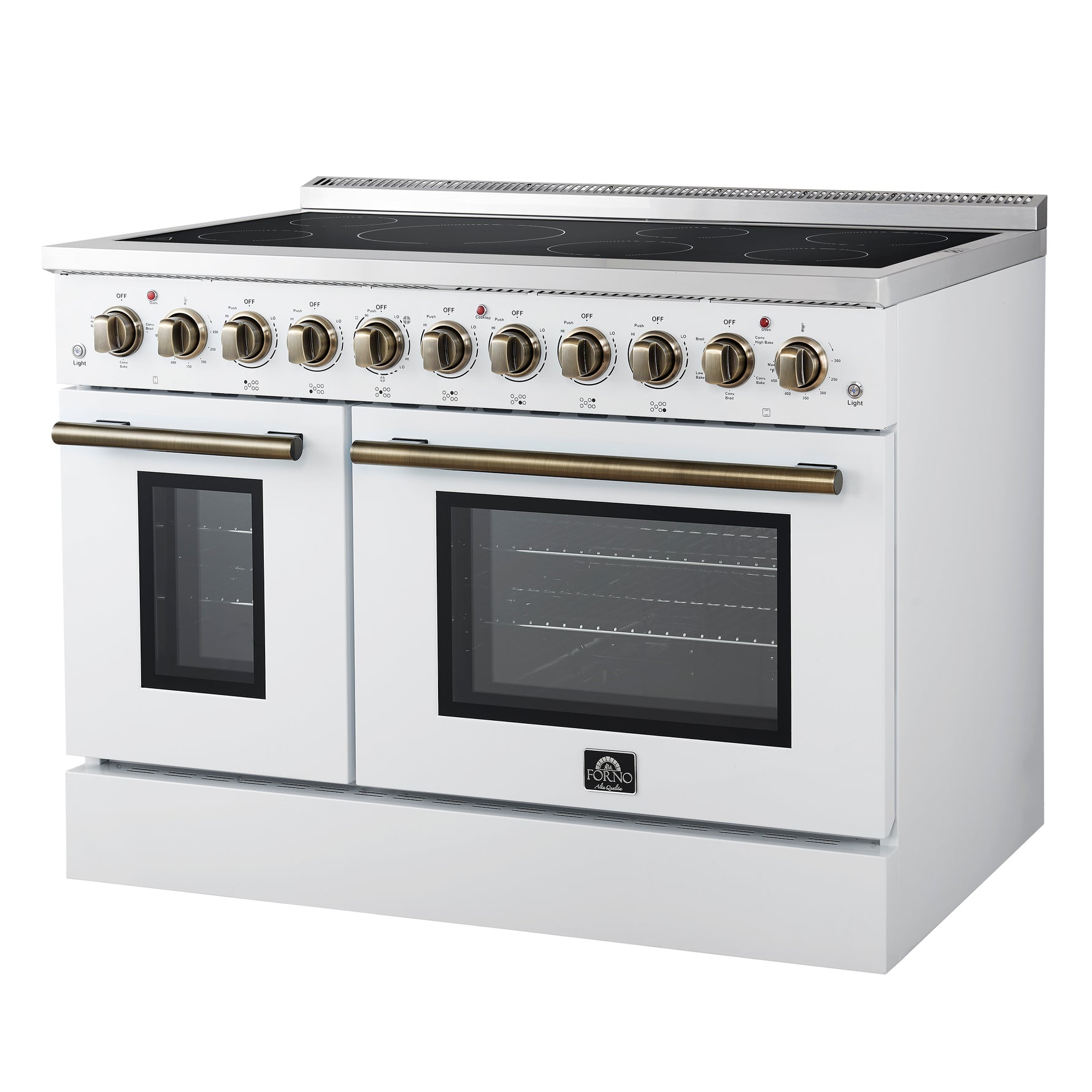 Forno Paolo 48 Inch Freestanding Electric Range in White with Antique Brass, 6.7 cu.ft, True Convection Oven, Energy Efficient - BonPrix Électroménagers