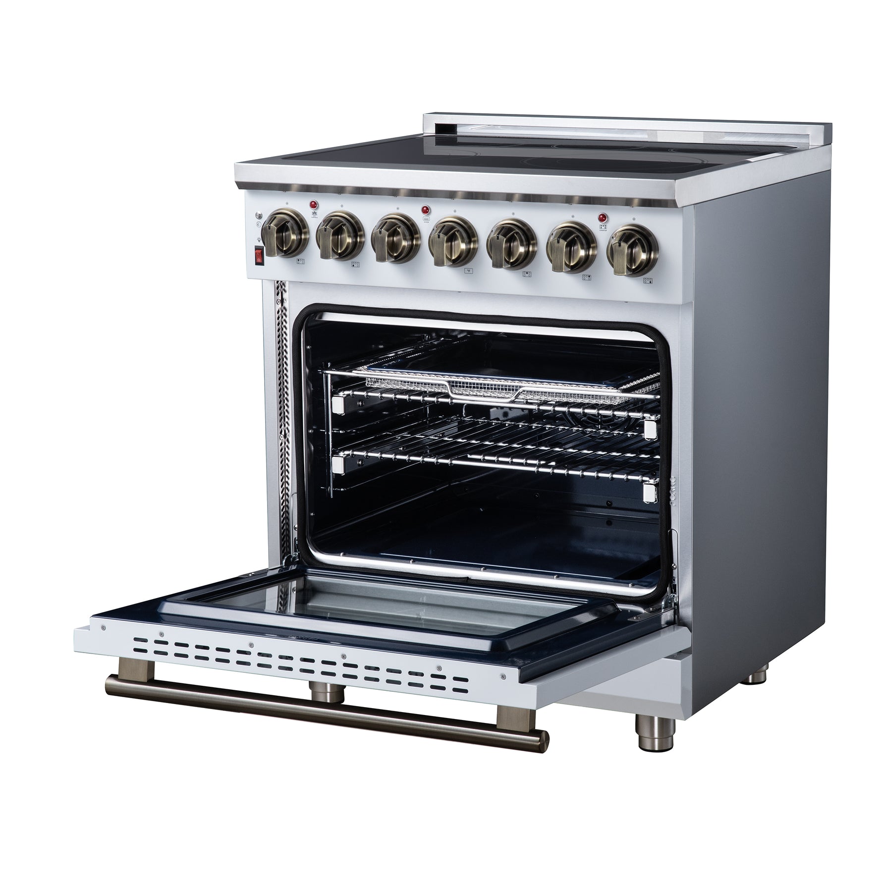 Massimo 30 Inch Freestanding Electric range, 5 radiant burners, 4.32 cf. True Convection oven, Air Fryer Kit, White