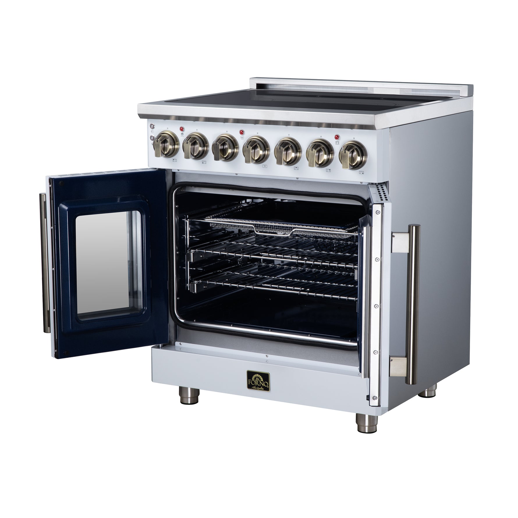 Massimo 30 Inch French Door Electric range, 5 radiant burners, 4.32 cf. True Convection oven, Air fryer kit, White