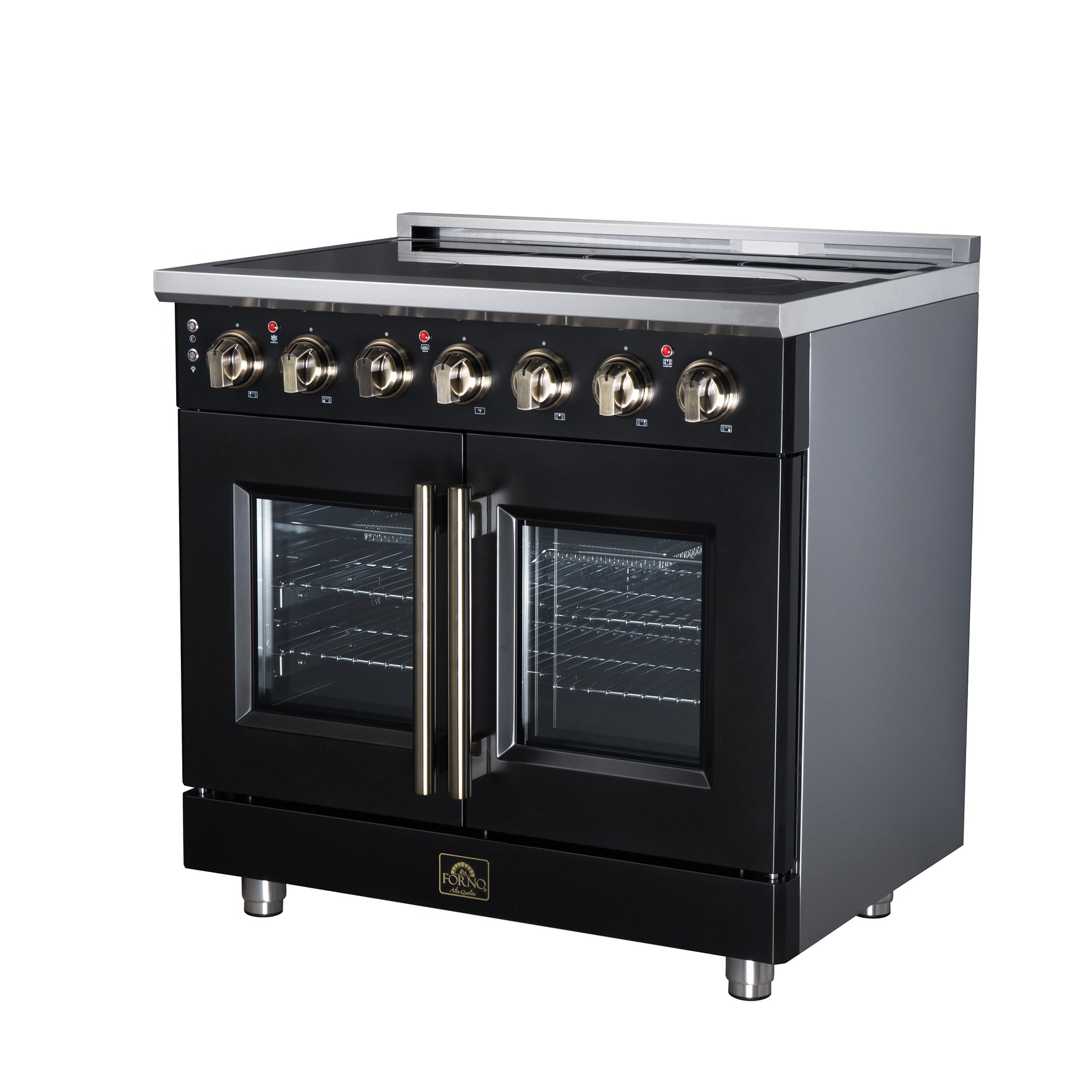 Massimo 36 Inch French Door Electric range, 5 radiant burners, 5.36 cf. True Convection oven, Air fryer kit, Black