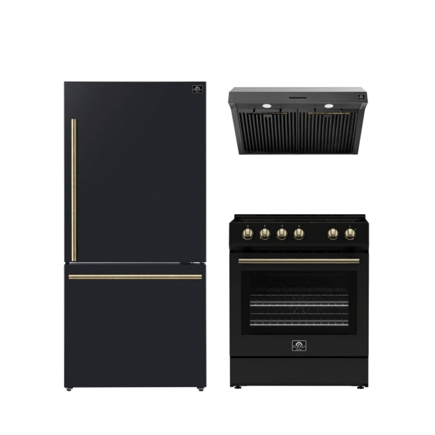 FORNO Premium 3-Piece Kitchen Bundle - Leonardo Espresso 30" Black Range, 30" Black Range Hood, 31" Black Refrigerator - FBDL-001-02CA - BonPrix Électroménagers