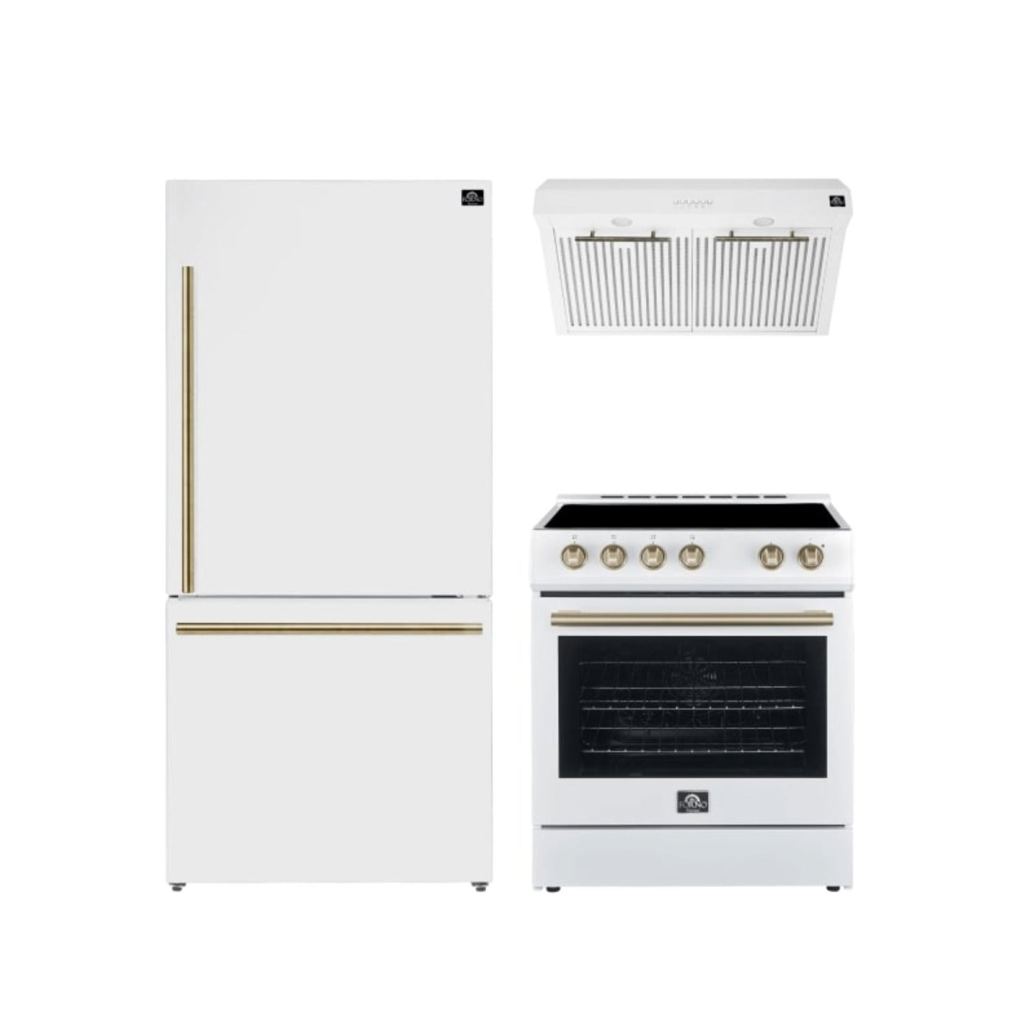 FORNO Premium 3-Piece Kitchen Bundle - Leonardo Espresso 30" White Range, 30" White Range Hood, 31" White Refrigerator - FBDL-001-03CA - BonPrix Électroménagers