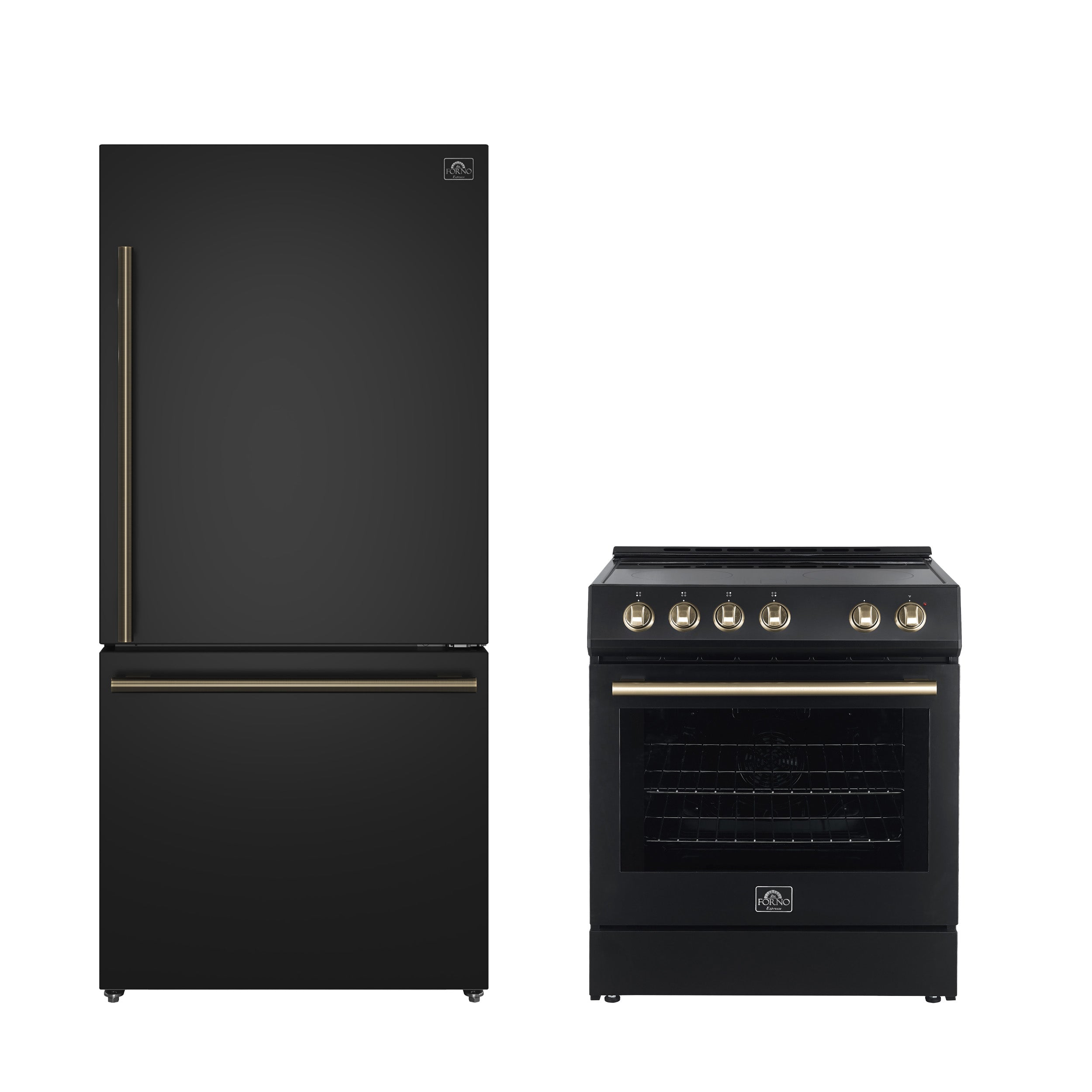 FORNO Premium 2-Piece Kitchen Bundle - Leonardo Espresso 30" Black Range, 31" Black Bottom Freezer Refrigerator - FBDL-003-02CA - BonPrix Électroménagers