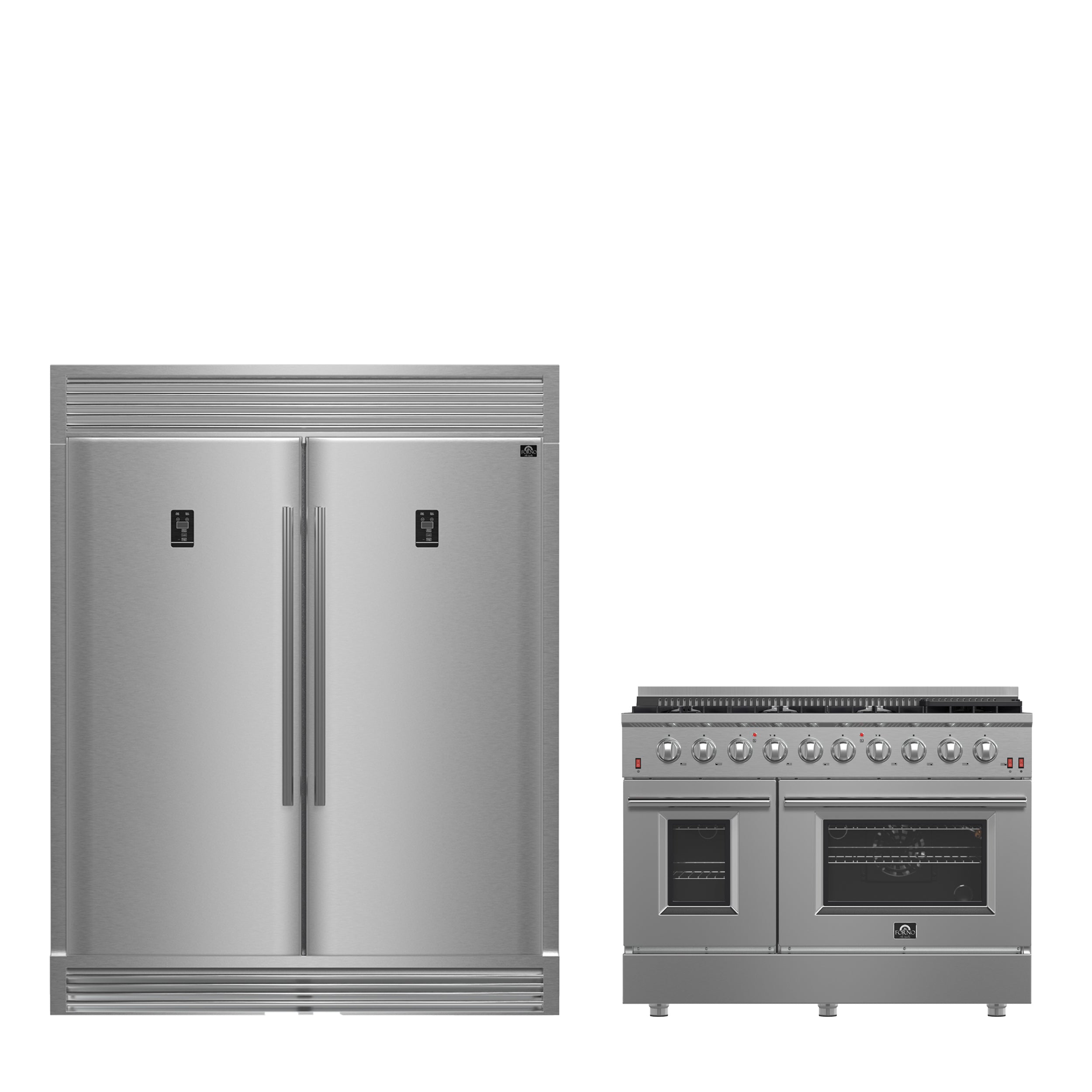 FORNO Premium 2-Piece Kitchen Bundle - Galiano 48" Stainless Steel Dual Fuel Range, 60" Stainless Steel Side-by-side Convertible Refrigerator - FBDL-005-02CAUS - BonPrix Électroménagers