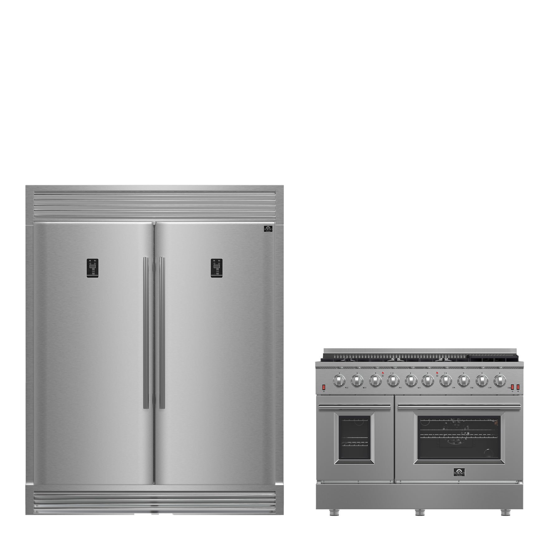 FORNO Premium 2-Piece Kitchen Bundle - Galiano 48" Stainless Steel Dual Fuel Range, 60" Stainless Steel Side-by-side Convertible Refrigerator - FBDL-005-02CAUS - BonPrix Électroménagers