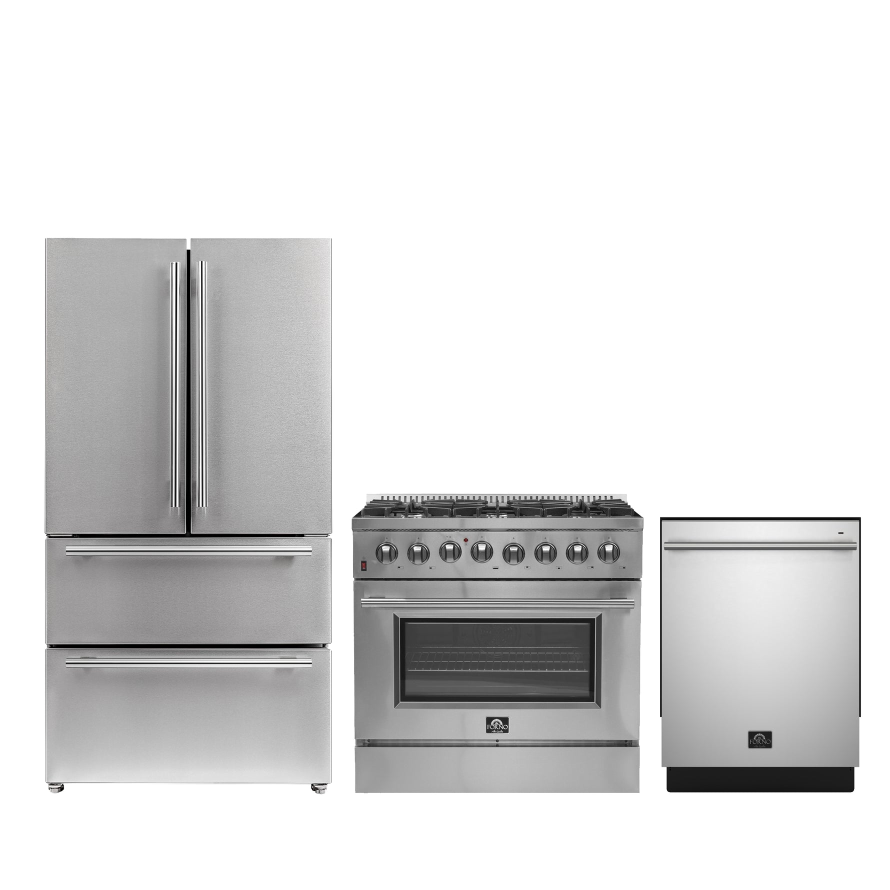 FORNO Premium 3-Piece Kitchen Bundle - 36" Gas Range, 36" French Door Refrigerator, 24" Built-In Dishwasher, Stainless Steel - FBDL-009-02CAUS - BonPrix Électroménagers