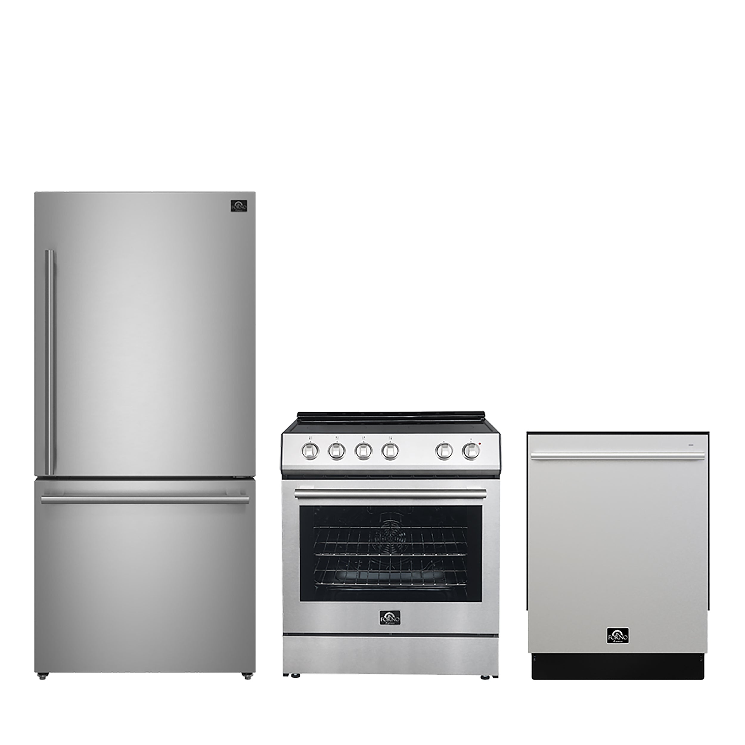 FORNO Premium 3-Piece Kitchen Bundle - 30" Electric Range, 31" French Door Refrigerator, 24" Built-In Dishwasher, Stainless Steel - FBDL-011-01CA - BonPrix Électroménagers