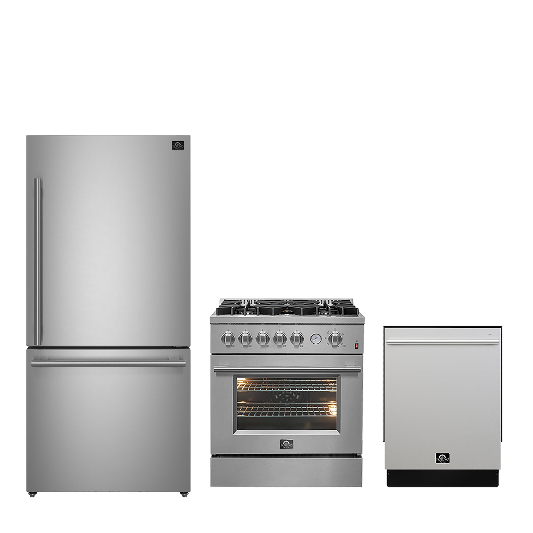 FORNO Premium 3-Piece Kitchen Bundle - 30" Gas Range, Bottom Freezer Refrigerator, Built-In Dishwasher, Stainless Steel - FBDL-012-01CAUS - BonPrix Électroménagers