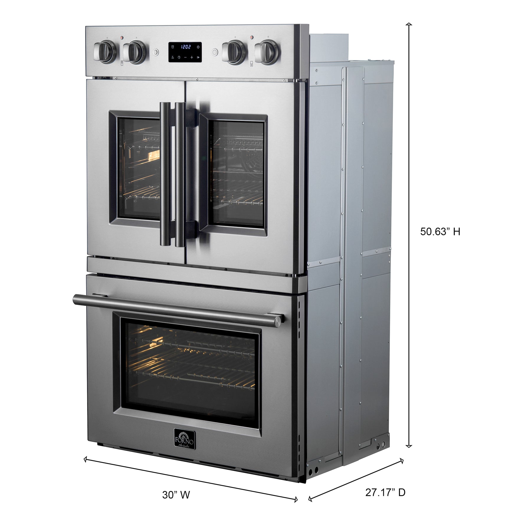 Forno Asti 30-Inch Double Electric Wall Oven with Upper French Doors in Stainless Steel, 7.36 cu. ft. Dual True Convection, 7,200W, Air Fry, Sous Vide, Self-Clean - BonPrix Électroménagers
