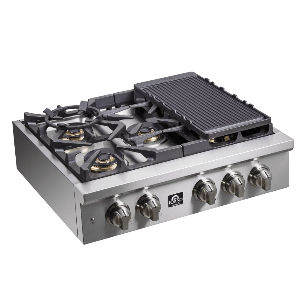 Forno Spezia Alta Qualita 30-Inch Pro-Style Gas Rangetop, Stainless Steel, 5 Sealed Burners, Continuous Cast Iron Grates, High Heat Output - BonPrix Électroménagers