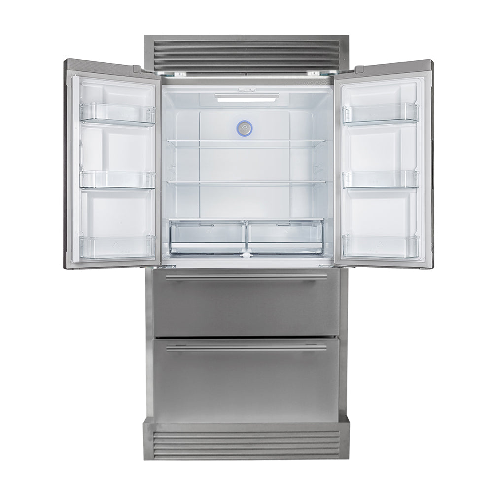 FORNO Premium 2-Piece Kitchen Bundle - Galiano 36" Stainless Steel Range, Forno Moena 36" French Door 19.2 cu. ft Stainless Steel Refrigerator, with Decorative Grill - 40" Wide - FBDL-019-03CAUS - BonPrix Électroménagers