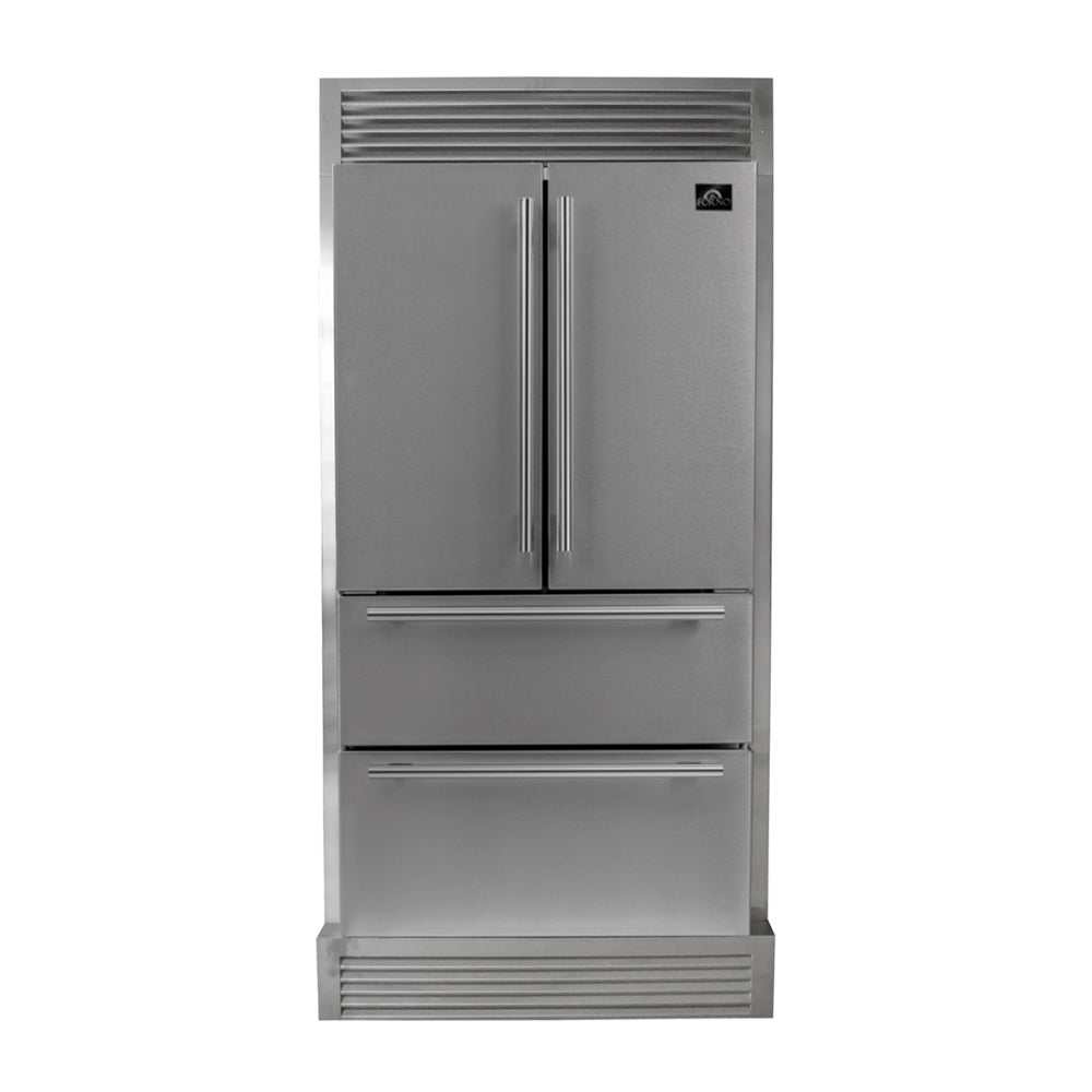 FORNO Premium 2-Piece Kitchen Bundle - Galiano 36" Stainless Steel Range, Forno Moena 36" French Door 19.2 cu. ft Stainless Steel Refrigerator, with Decorative Grill - 40" Wide - FBDL-019-03CAUS - BonPrix Électroménagers