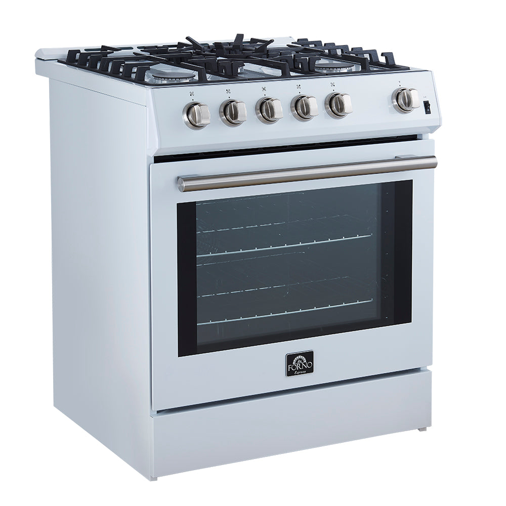 Forno Leonardo Espresso 30-Inch White Gas Range, 5 Burners, 39,500 BTU, 5 cu.ft Convection Oven - BonPrix Électroménagers