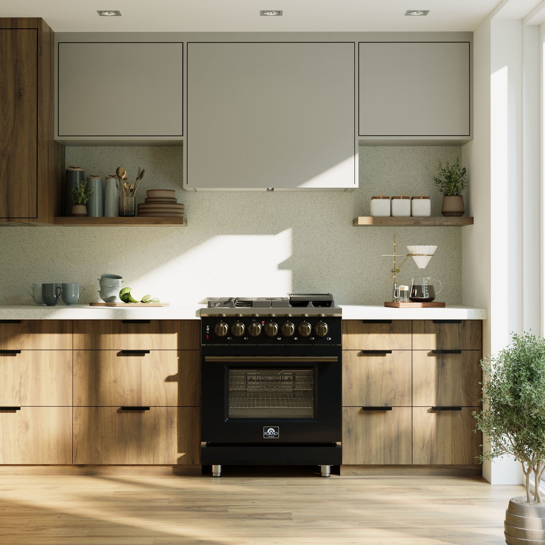 Forno Massimo 30-Inch Freestanding Dual Fuel Range in Black with Antique Brass Accessories, 4 Burners, 4.32 cu. ft. Convection Oven - BonPrix Électroménagers