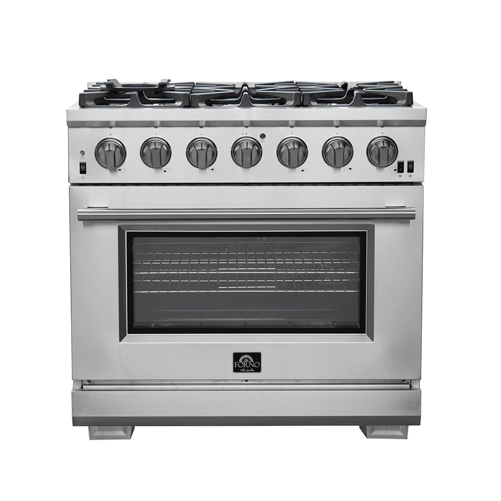 FORNO Premium 2-Piece Kitchen Bundle - Galiano 36" Stainless Steel Range, Forno Moena 36" French Door 19.2 cu. ft Stainless Steel Refrigerator, with Decorative Grill - 40" Wide - FBDL-019-03CAUS - BonPrix Électroménagers