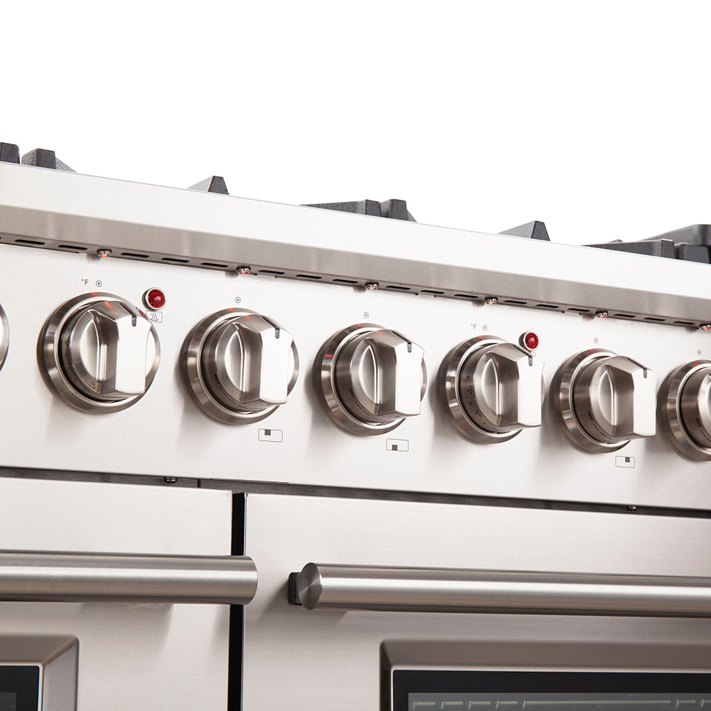 FORNO Capriasca 48-inch Gas Range Stainless Steel, 8 Brass Burners 160,000 BTU, 6.58 cu.ft. Double Oven - BonPrix Électroménagers