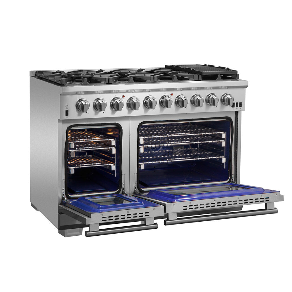 FORNO Capriasca 48-inch Gas Range Stainless Steel, 8 Brass Burners 160,000 BTU, 6.58 cu.ft. Double Oven - BonPrix Électroménagers