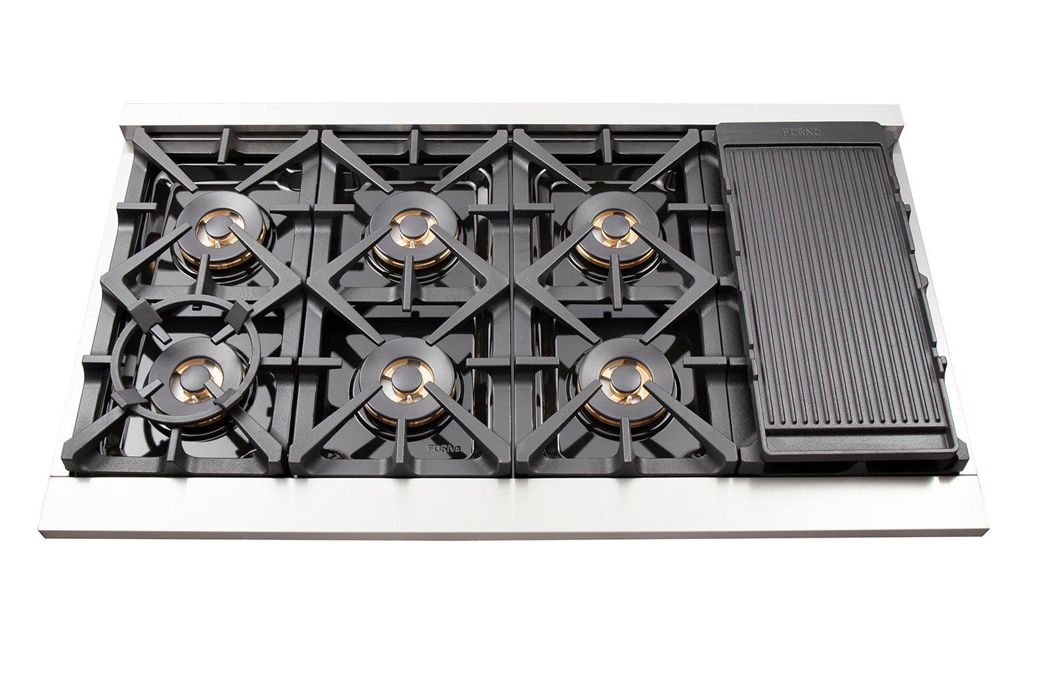 FORNO Capriasca 48-inch Gas Range Stainless Steel, 8 Brass Burners 160,000 BTU, 6.58 cu.ft. Double Oven - BonPrix Électroménagers